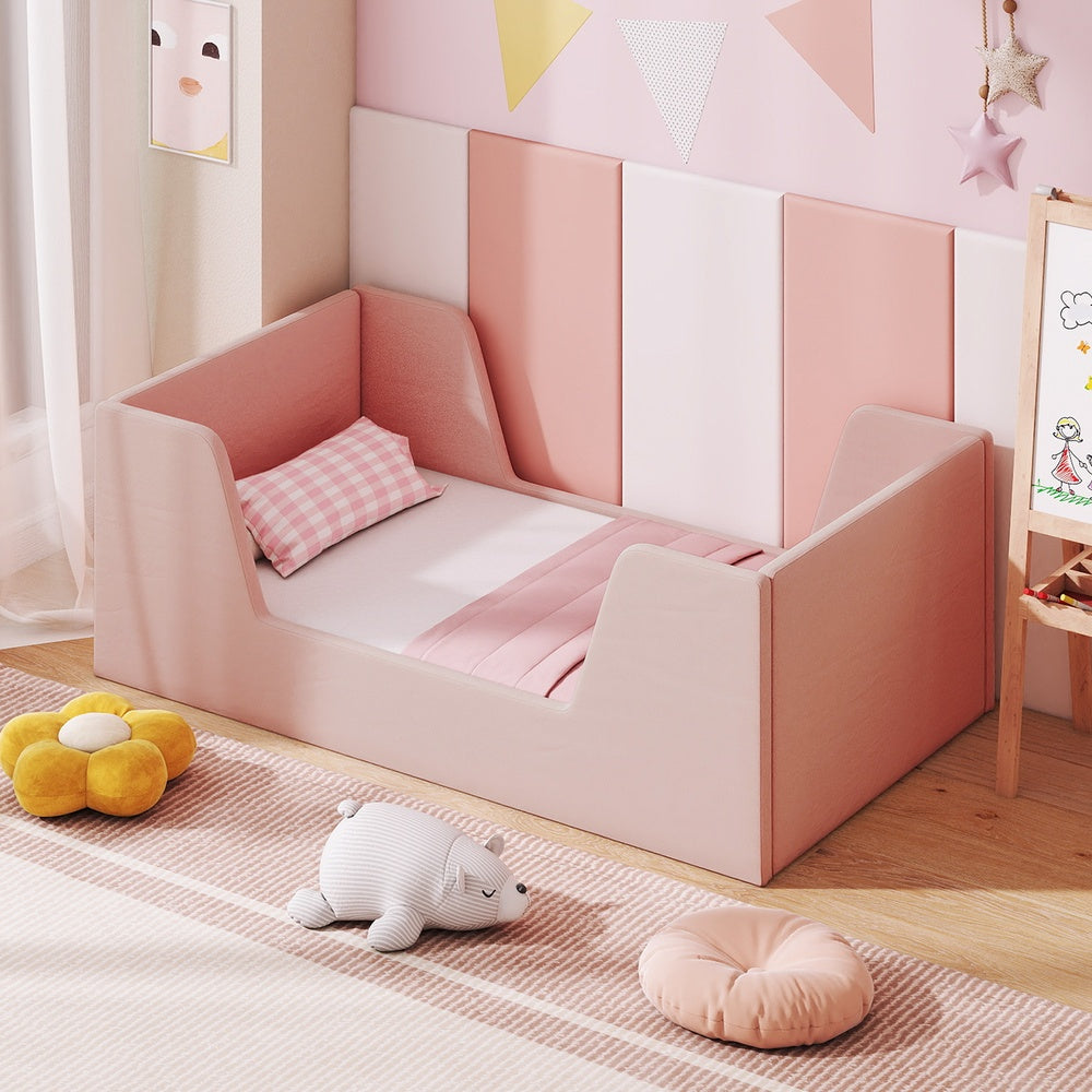 Soft Velvet Toddler Bed Frame with Safety Rails High Resilient Foam Wood Slats 55.51 x 31.1 x 59.06 in. 18 mo-5
