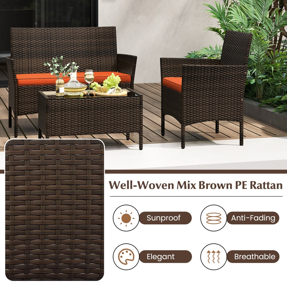 4 Piece Outdoor Resin Wicker Seating Group with Cushions and Glass Table