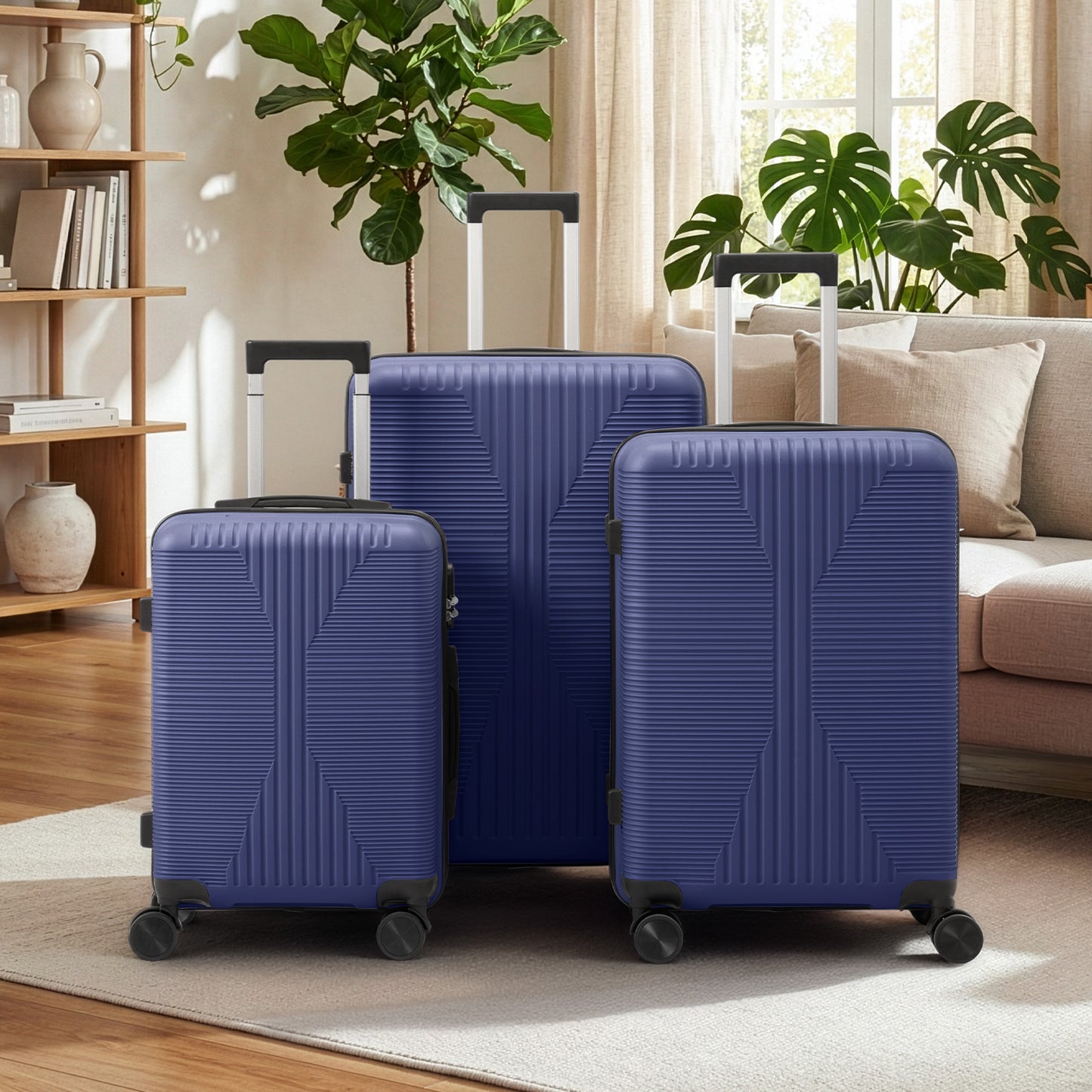 3 Piece PP Luggage Set 20 24 28 inch Hardside Spinner Suitcases, Navy Blue