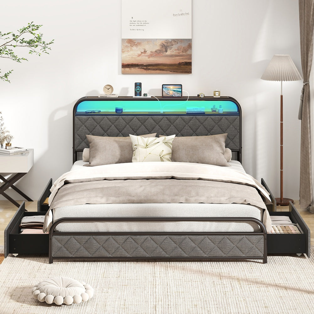 Queen Size Bed Frame with LED Lights and Charging Station-Queen Size