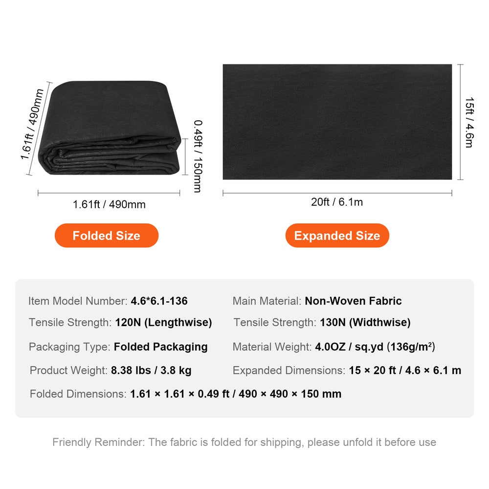 Non-Woven Geotextile Fabric 15 ft. x 20 ft. 4 oz. Landscape Weed Barrier Driveway Fabric Ground Cover French Drain