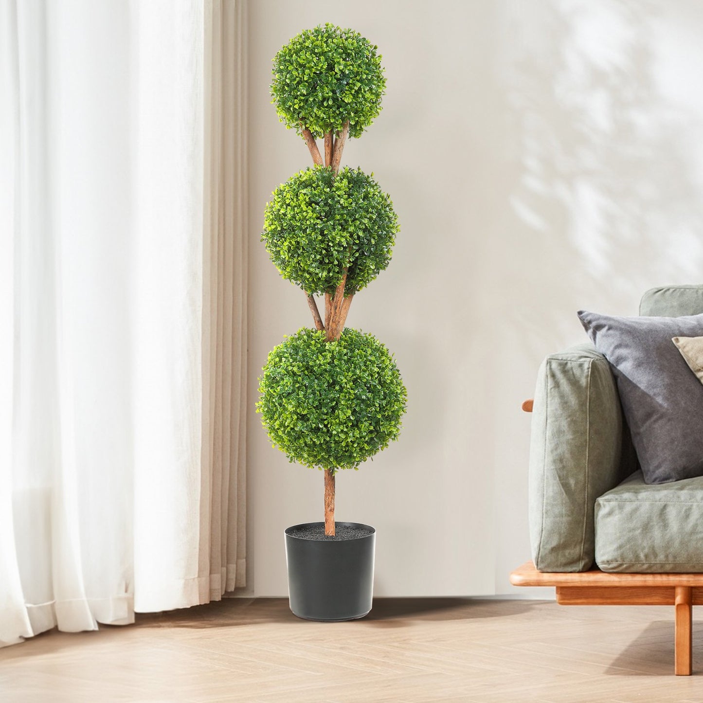 Artificial Boxwood Triple Ball Topiary 48 in Tall 2-Pack with Planters Faux Tree Indoor Outdoor