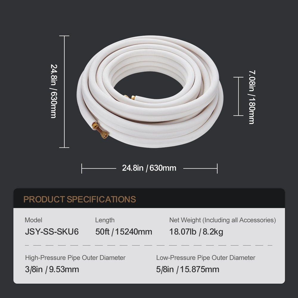 50 ft Mini Split Line Set, 3/8  5/8 OD Copper Tubing with Triple-Layer PE Insulation, Pre-Coiled for AC Heat Pump