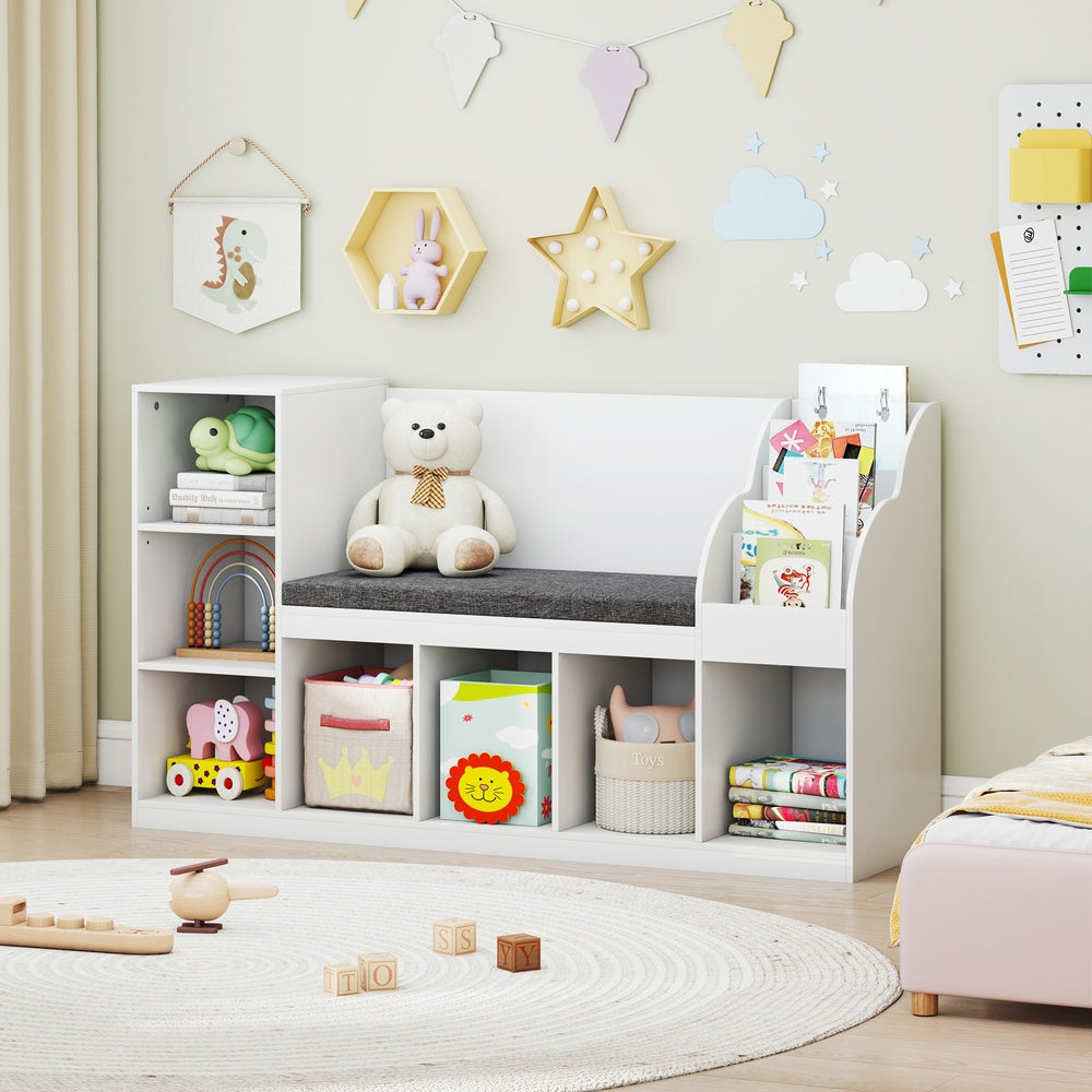 Kids Bookcase 3 in 1 Standing Toy Organizer with Reading Nook 7 Cubbies 3 Tier 53.5 x 16 x 32 in. ASTM CPSIA