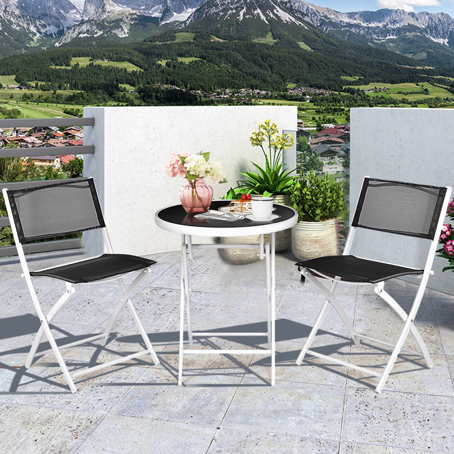 3 Piece Textilene Patio Bistro Table Set with Glass Table and Folding Design