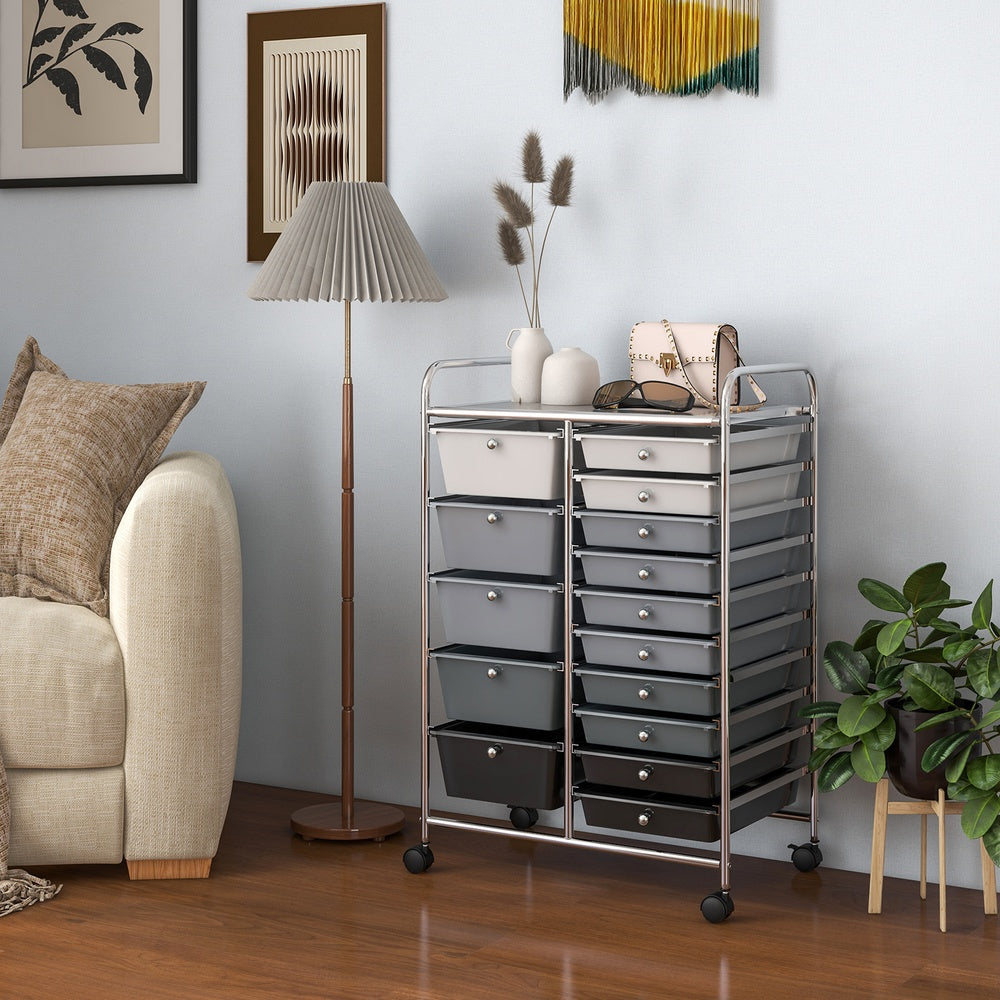 15-Drawer Rolling Storage Cart with Durable Frame and Multi-Use Drawers for Home Organization, Black and Gray