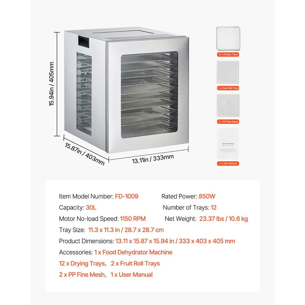 Food Dehydrator Machine 850W 12 Stainless Steel Trays with Adjustable Temp and 24H Timer