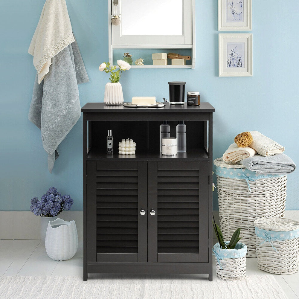 Freestanding Bathroom Cabinet with Double Shutter Doors Open Shelves and 3-Position Adjustable Shelf