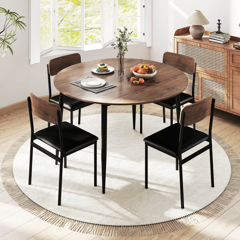 5-Piece Round Dining Table Set with Drop Leaf Top and 4 Upholstered Chairs, Brown