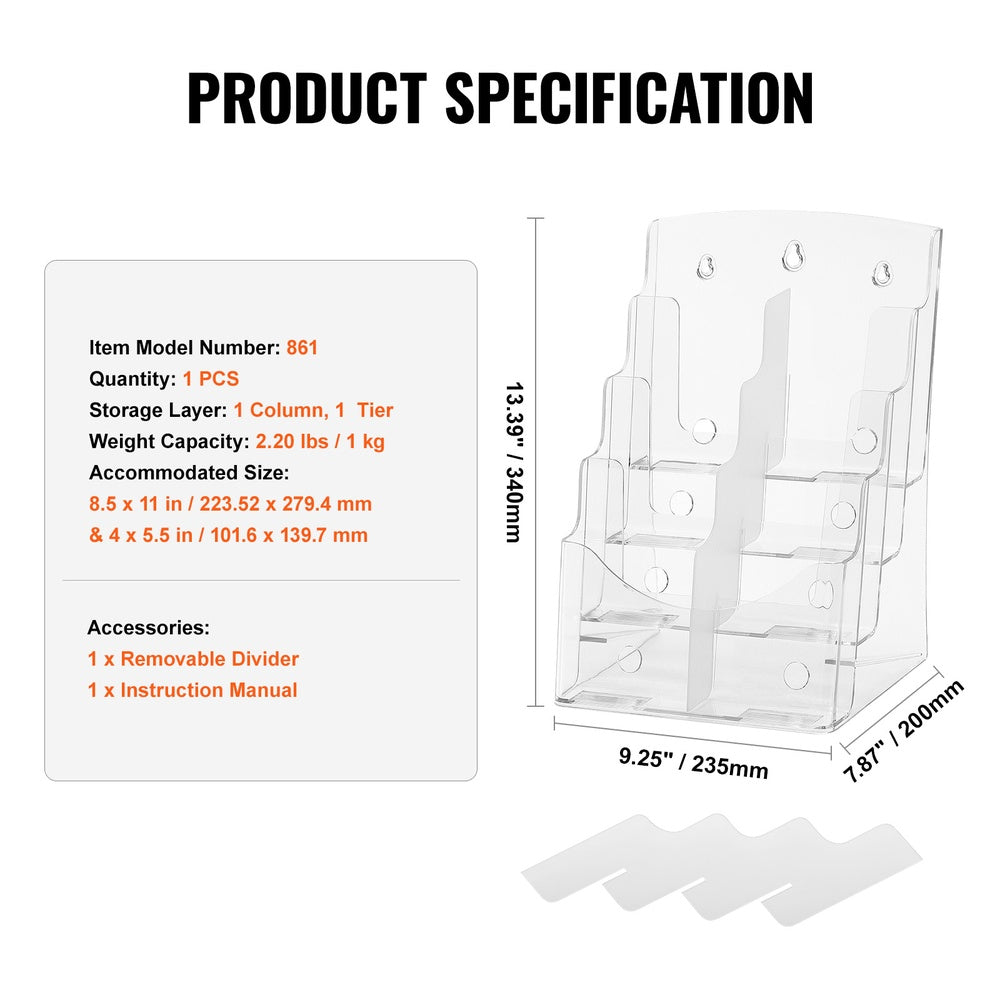 Acrylic Brochure Holder 8.5 in. x 11 in. 4-Tier Clear Literature Display Stand Countertop Wall Mount Removable Divider
