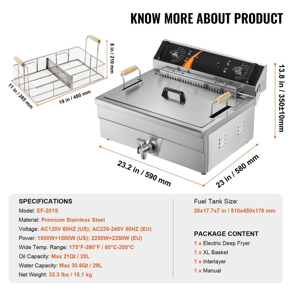 Commercial Deep Fryer 30.6 Qt. Electric Turkey Fryer 3000W Countertop with Basket 122-392 F