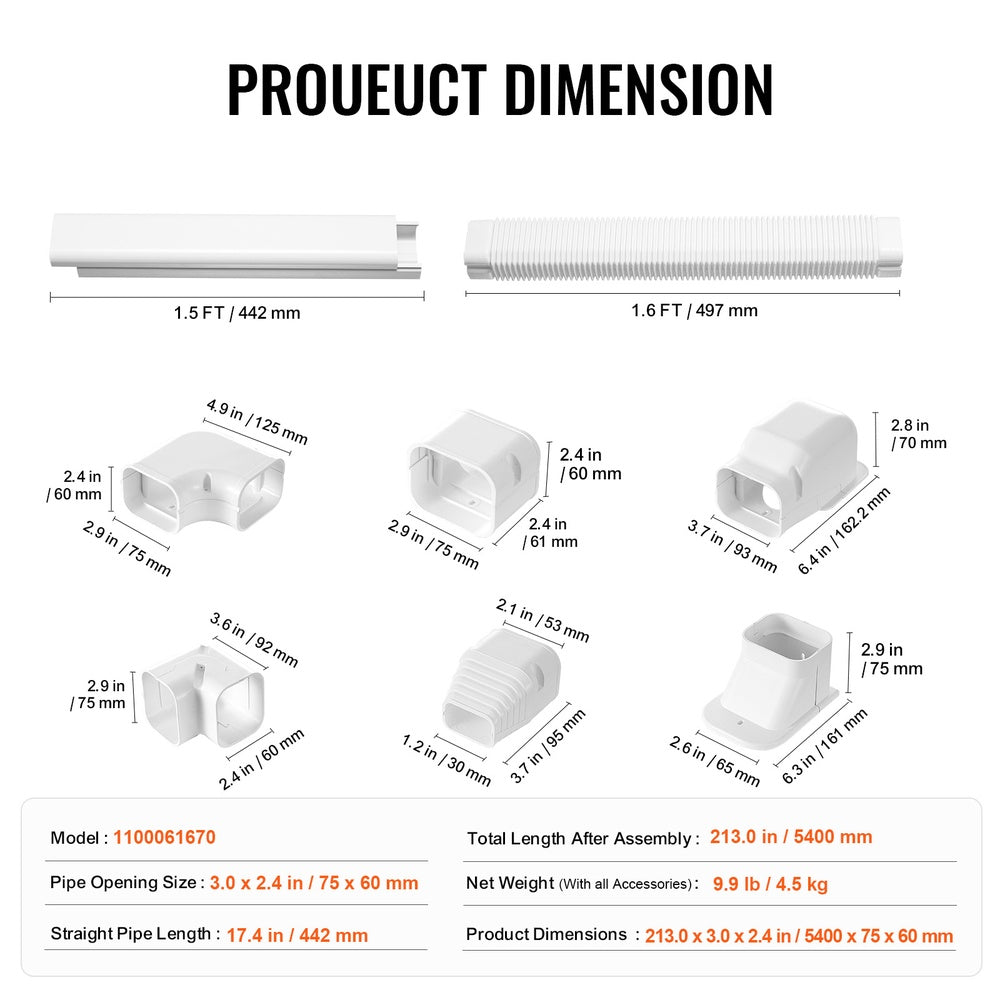 Mini Split Line Set Cover Kit 3 in W x 17.7 ft, Paintable PVC Decorative Pipe Cover with 10 Ducts  Full Components,