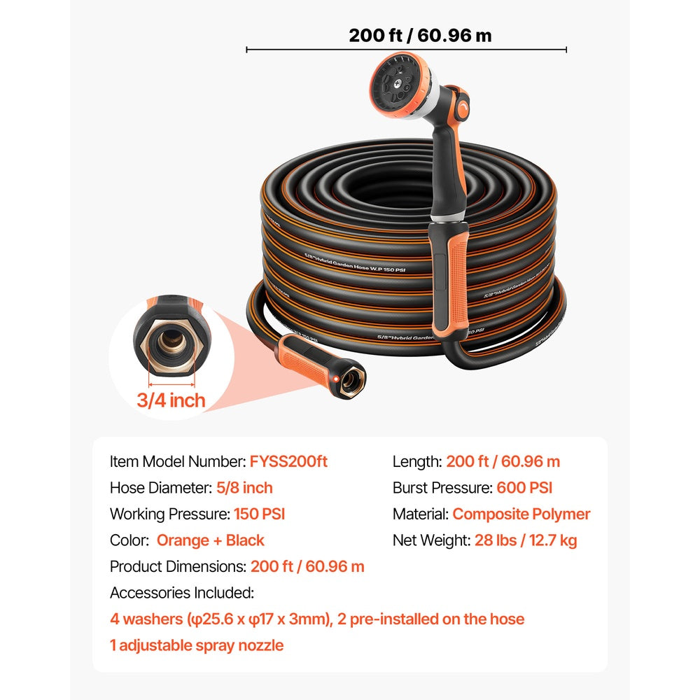 Garden Hose 200 ft 5/8 in 4-Layer Rubber 150 PSI Working w/10 Pattern Nozzle 3/4 in Fitting Non-Kink for Large Property
