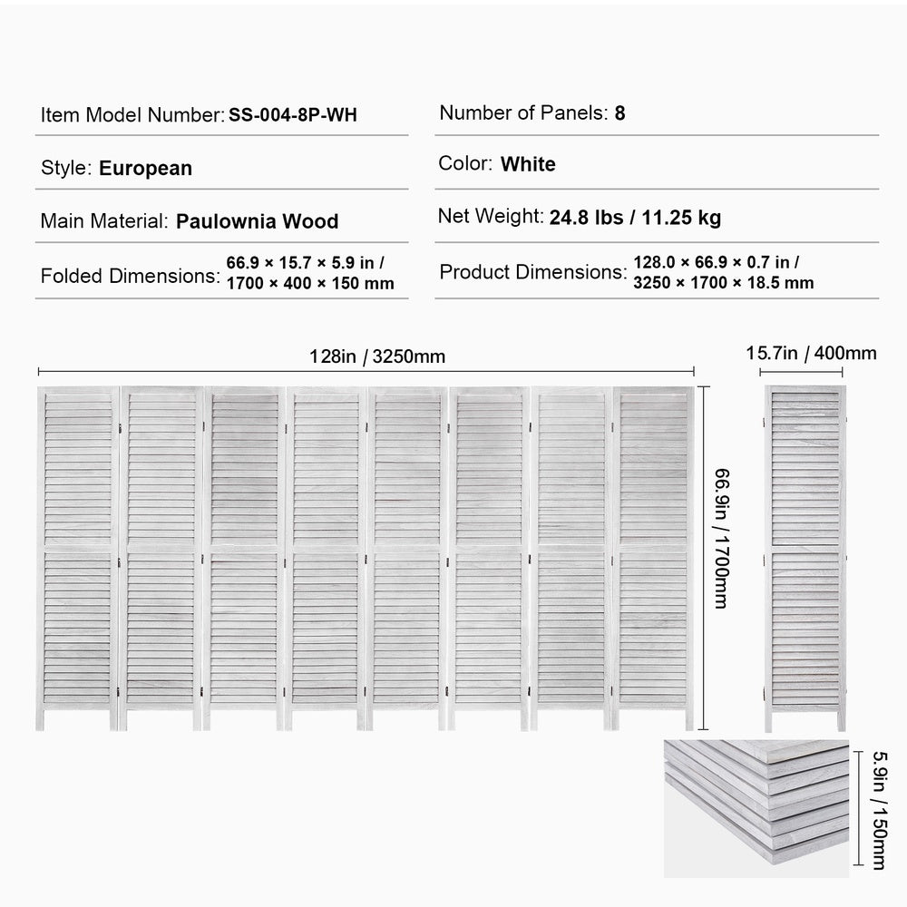 Wood Room Divider 8-Panel Folding Privacy Screen 128 in. W x 66.9 in. H Paulownia European Louvered White Indoor Office