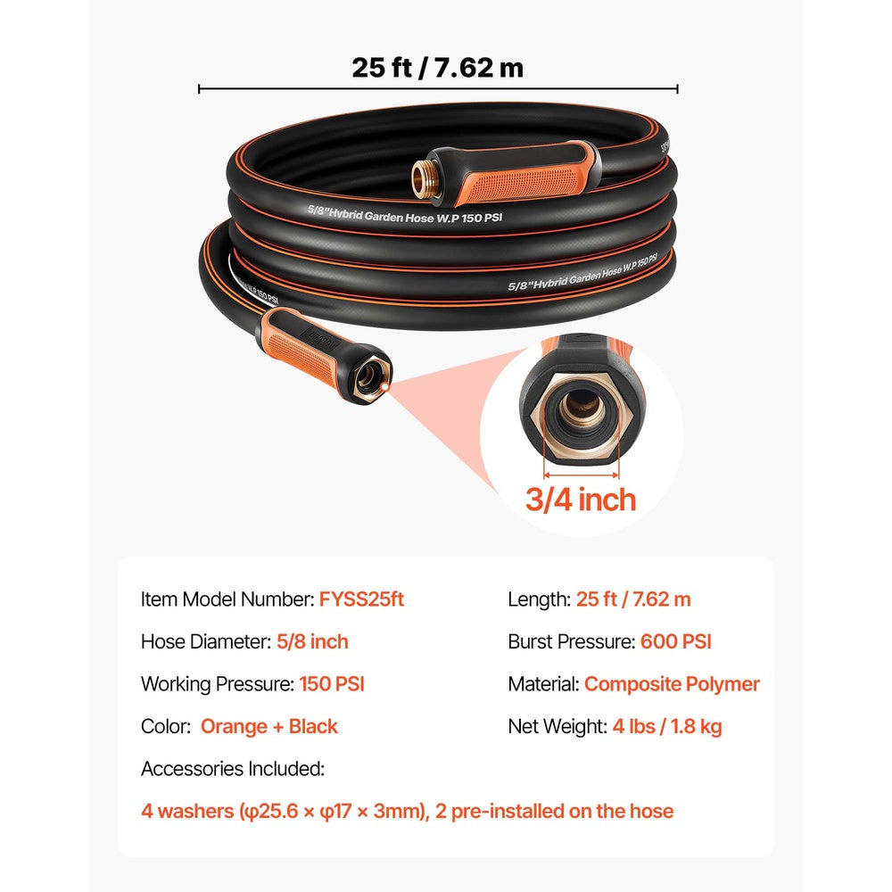 Garden Hose 25 ft 5/8 in 4-Layer Rubber 150 PSI Working 600 PSI Burst 3/4 in Fitting for Apartment Balcony Patio Starter
