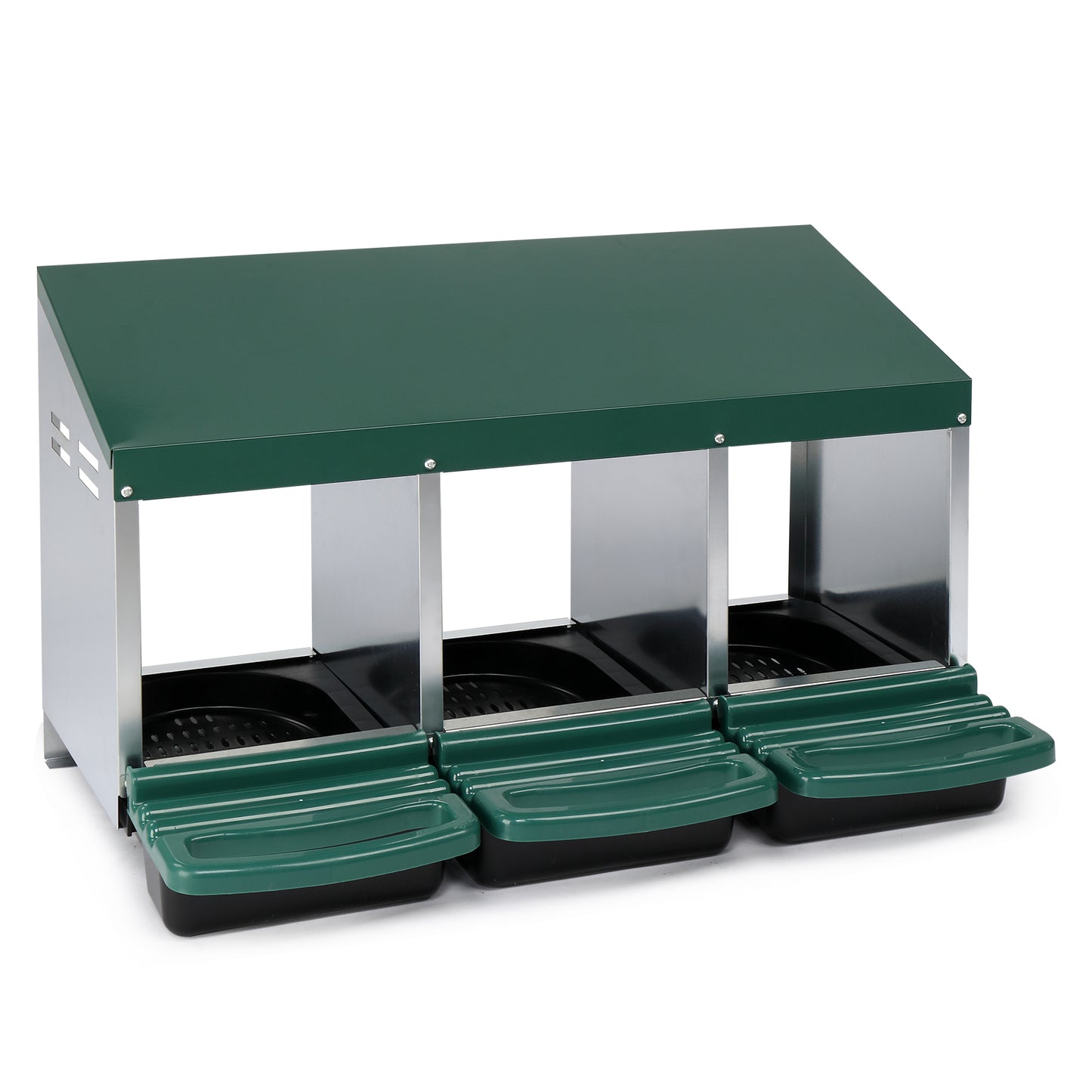 3 Compartment Roll Out Chicken Nesting Box with Plastic Baskets, Metal Egg Laying Box, Green