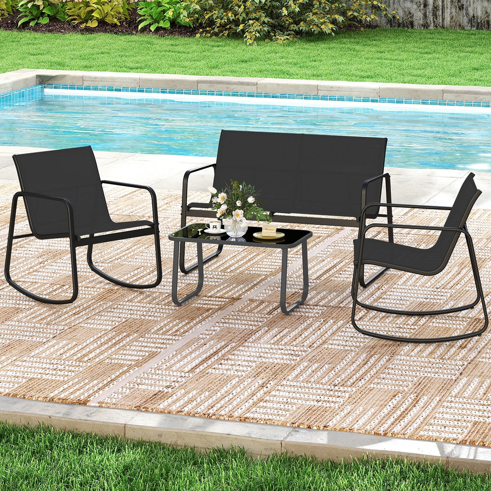 4 Piece Rattan Outdoor Conversation Set with Glass Table