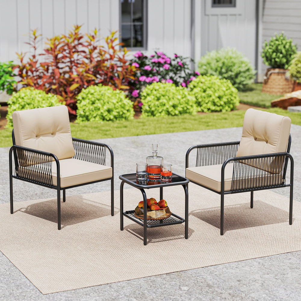 3 Piece Patio Seating Set PE Rattan with Cushions and Glass Table