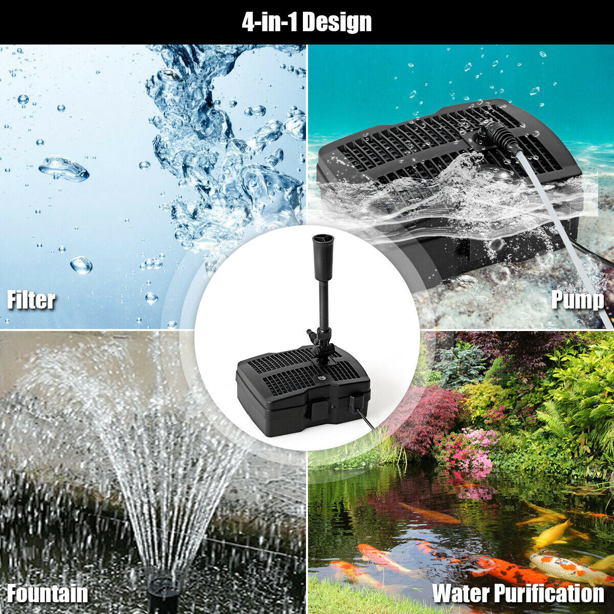 660 GPH Pond Filter Pump All-in-One with UV Sterilizer 3 Fountain Heads and 4-Level Filtration