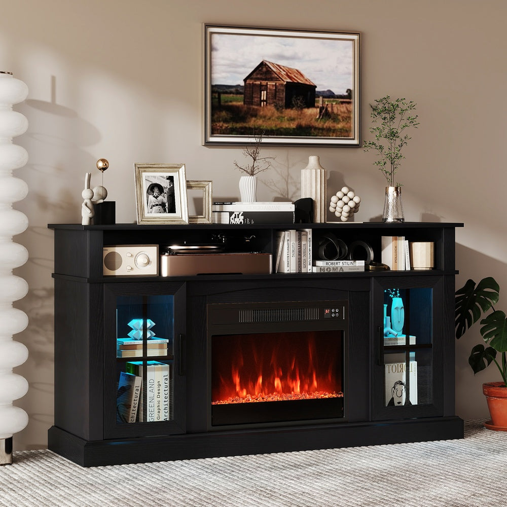58 in. Fireplace TV Stand with LED Lights with Storage Cabinets and Glass Doors Entertainment Center Media Console-Black