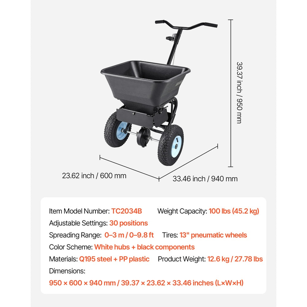 Lawn Spreader 100 lbs Push Broadcast 13 in Pneumatic Tire 56 L Hopper 0-9.8 ft Spread Width 30 Settings Seed Fertilizer