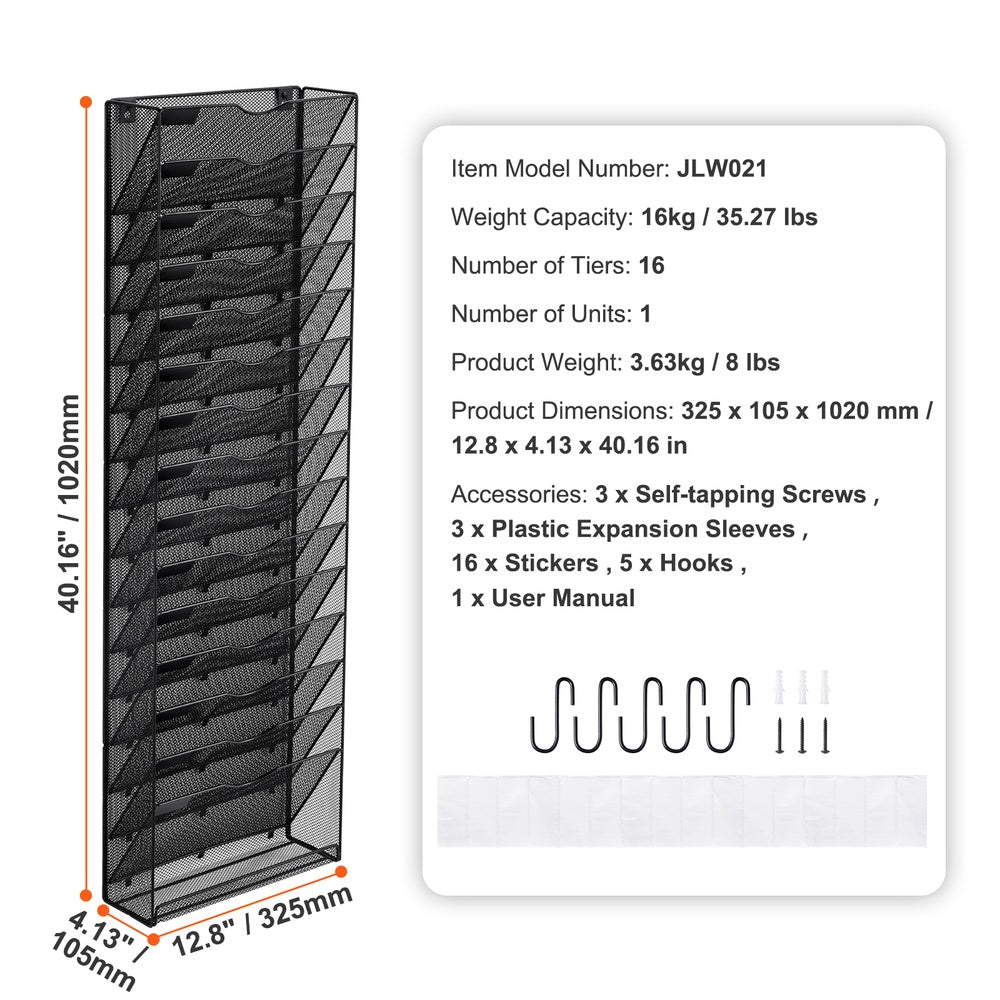 File Wall Rack 16-Pocket Mesh Metal Wall Mount Document Organizer 35.27 lbs. Capacity Nametag Label Office School