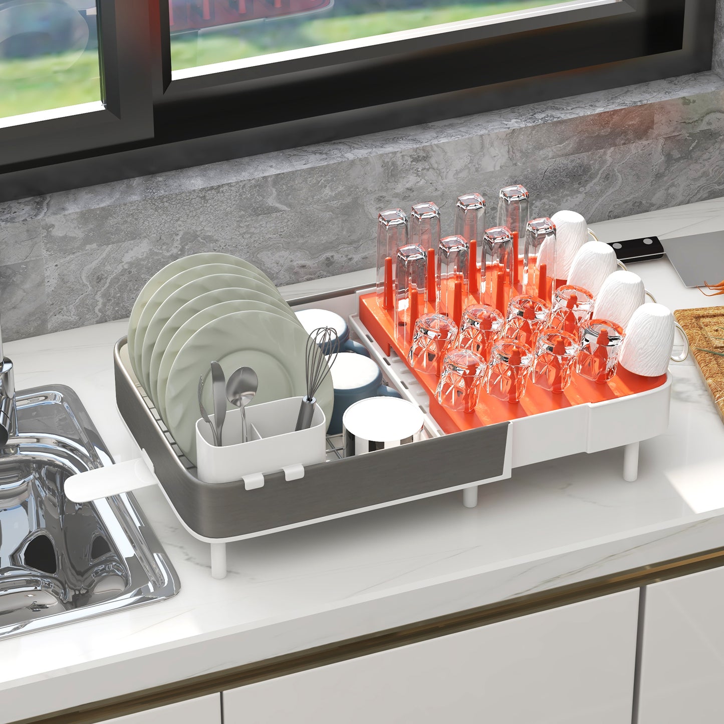 Expandable Dish Drying Rack Dual-Part Stainless Steel Detachable Utensil Holder 360 Rotatable Drain Spout Anti-Slip