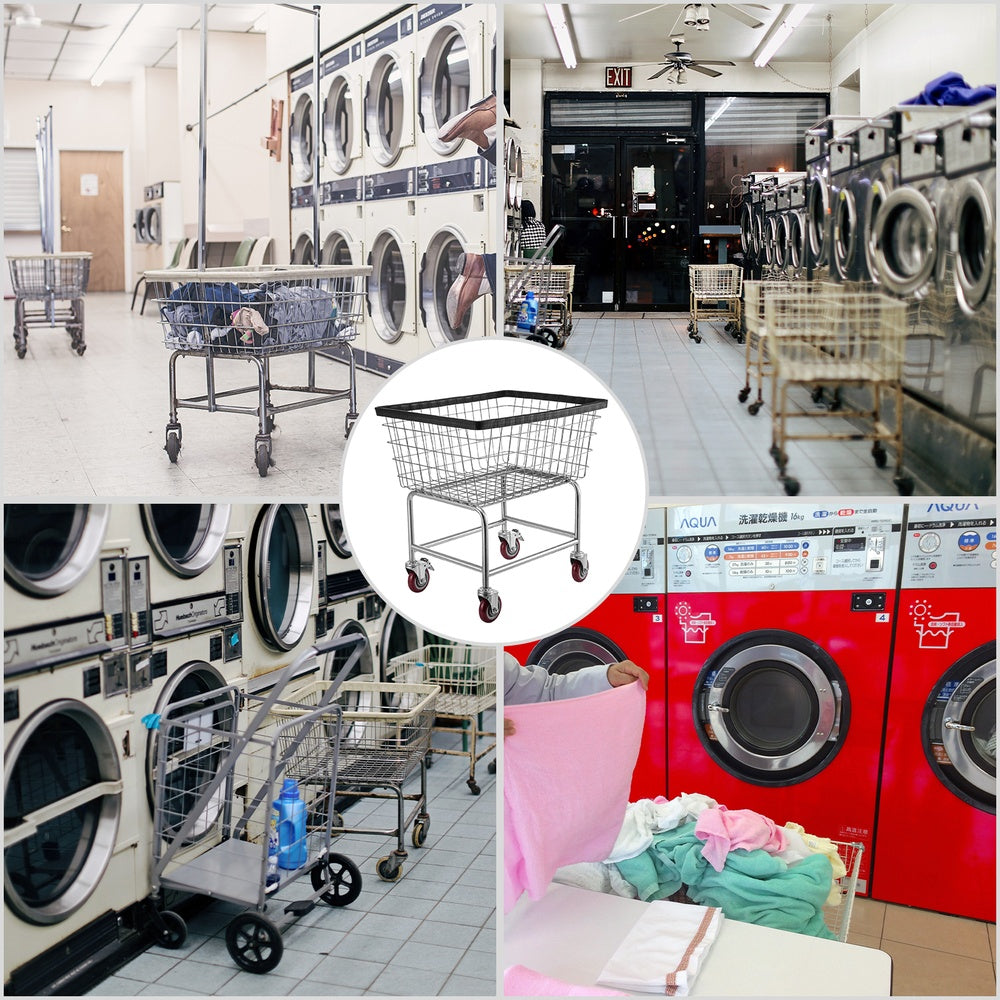 Commercial Wire Laundry Cart with Wheels 2.8 bu. Steel Frame Chrome Finish 4 in. Casters Basket Cart