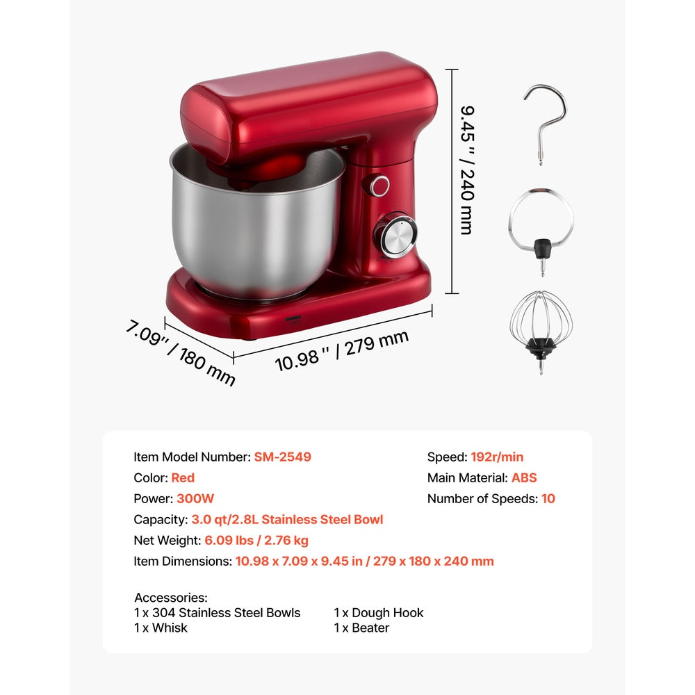 3 qt. Electric Stand Mixer 300W 10-Speed Tilt-Head Kitchen Mixer with Stainless Steel Bowl, Red