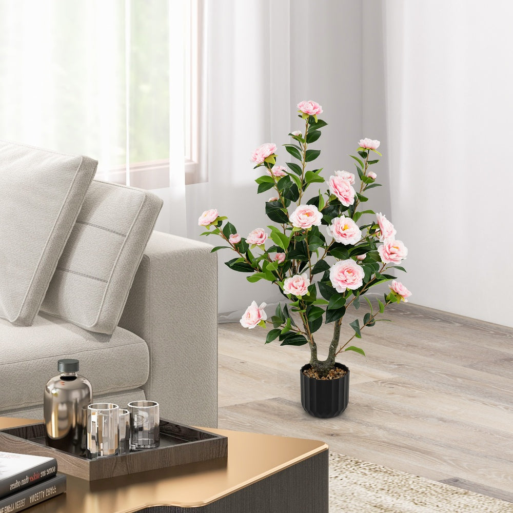 38 in. Artificial Camellia Tree in Cement Pot, Faux Pink Flower Plant for Indoor and Outdoor Decor