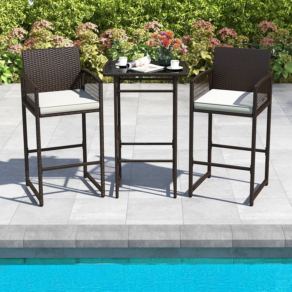 3 Piece PE Rattan Bar-Height Patio Set with Cushions and Glass Table