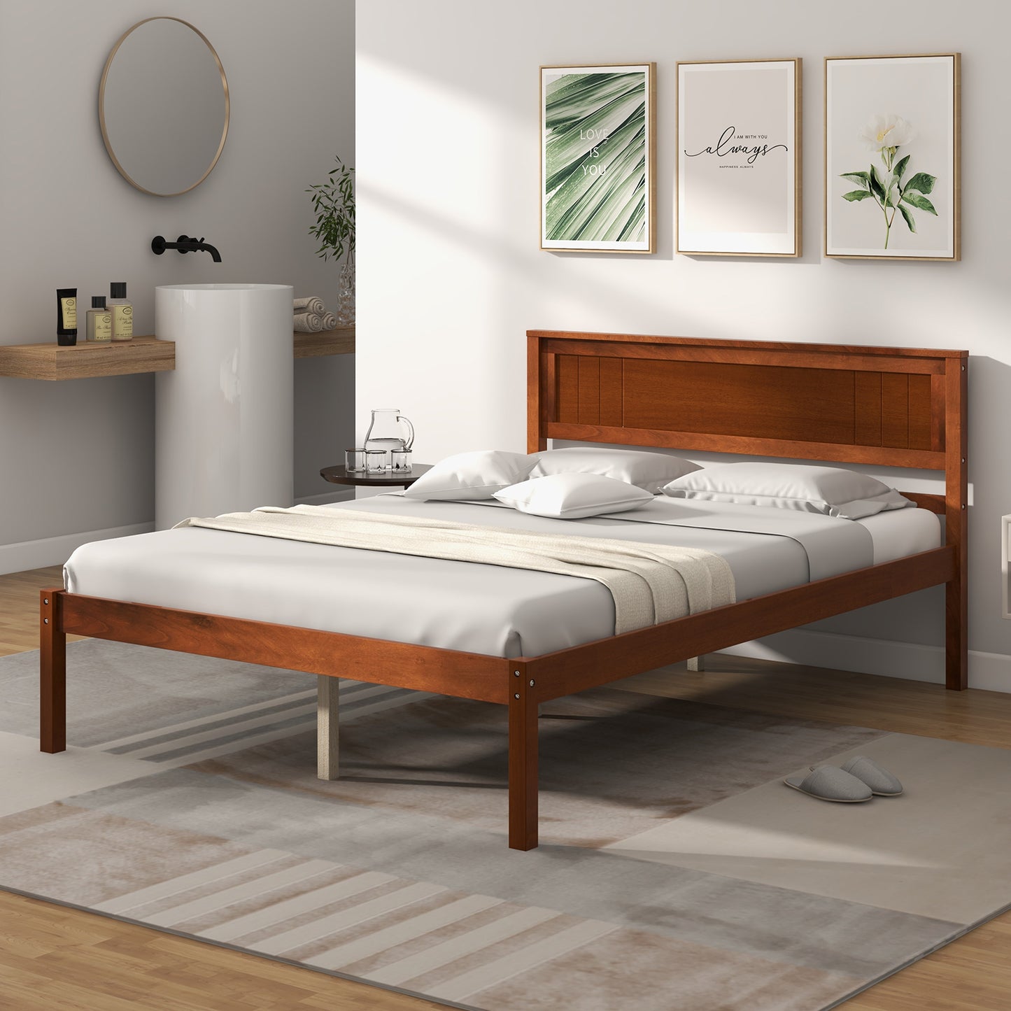 Full Size Bed Frame with Wooden Headboard and Slat Support-Full Size