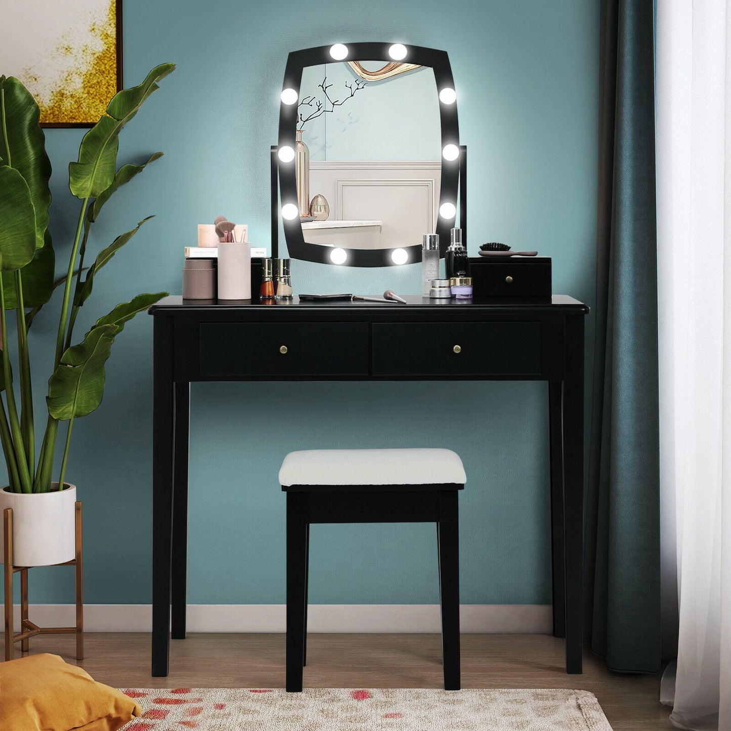 Vanity Table Set with Lighted Mirror 360 Degree Mirror 10 Dimmable Bulbs Makeup Dressing Table 4 Drawers