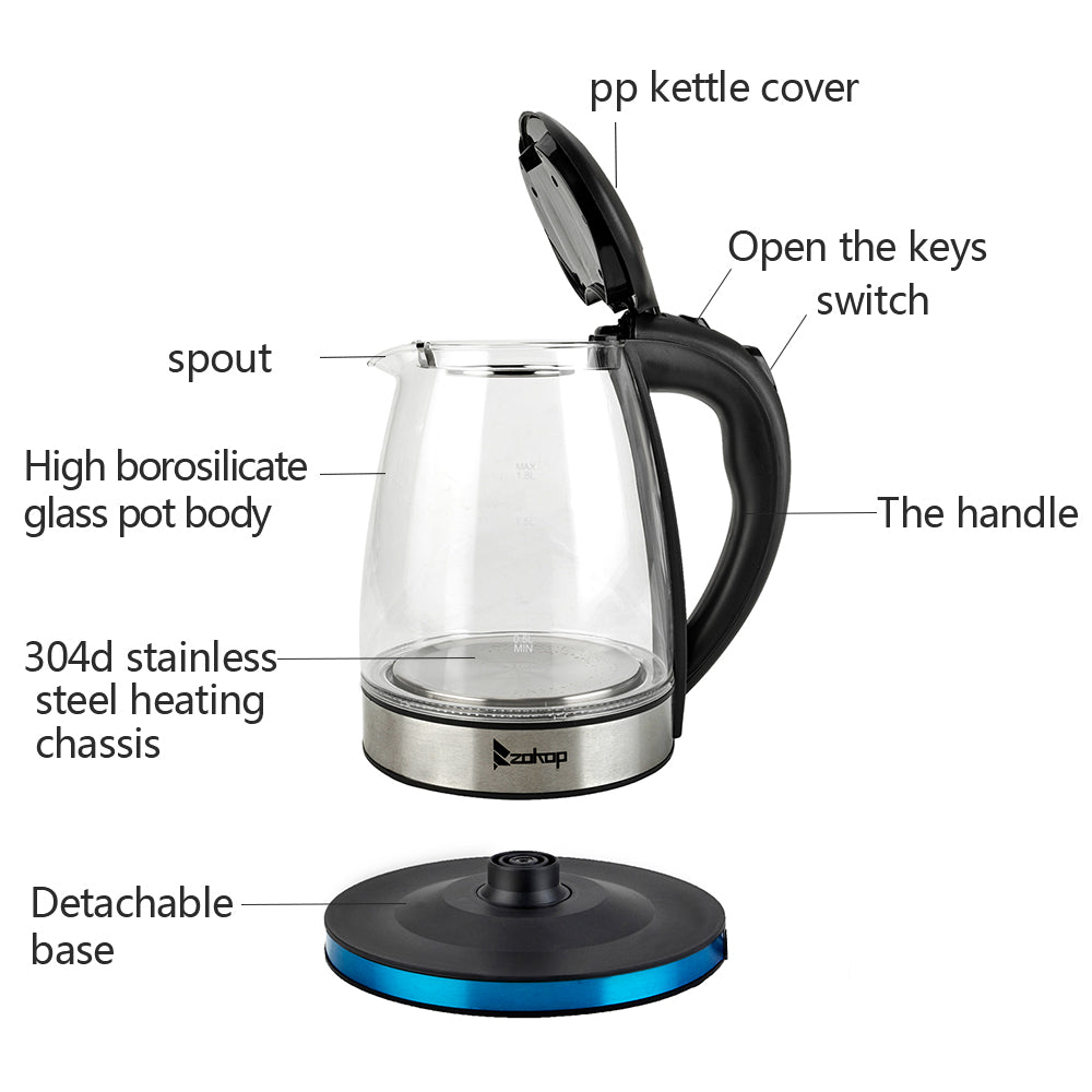 1.8L Electric Glass Kettle 1200W with LED Illumination, Borosilicate Cordless Water Boiler