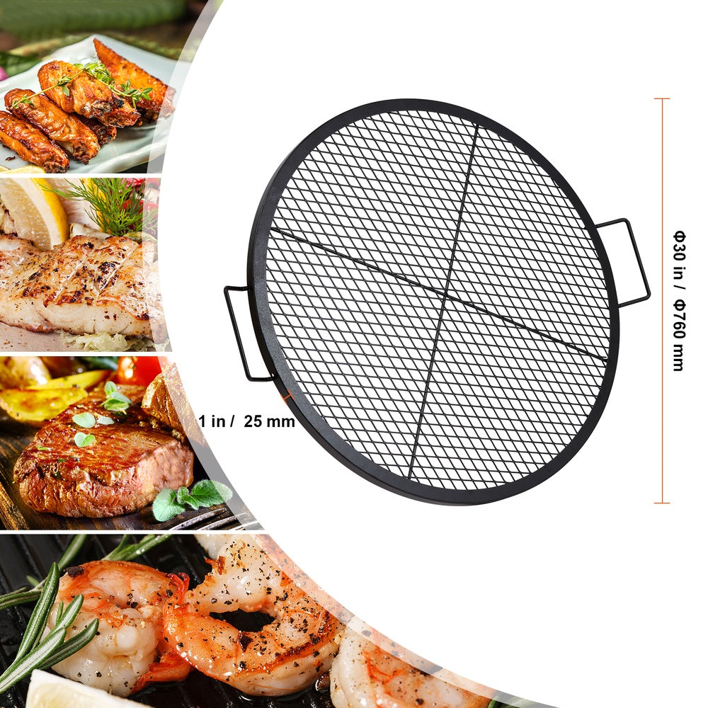 30 in. Round Fire Pit Grill Grate Heavy-Duty Steel Campfire BBQ Cooking Grid with X-Support and Carry Handle for Camping