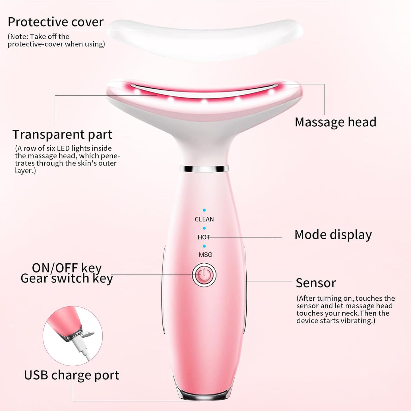 3-in-1 Face and Neck Massager with Heat and Vibration, Rechargeable Skin Care Tool, Pink