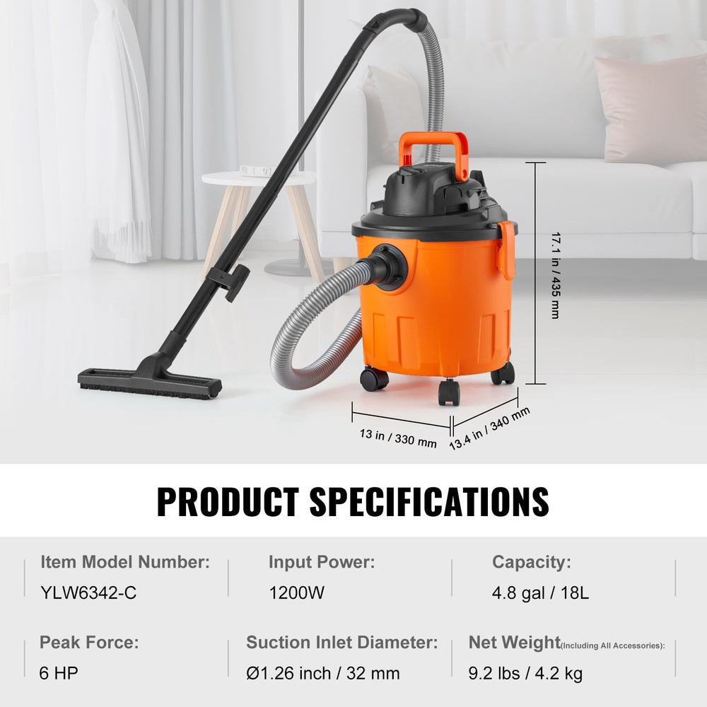 Wet Dry Shop Vacuum 5 Gal. 6 Peak HP 1200W with Blower Function and 21.3 Ft. Cleaning Reach