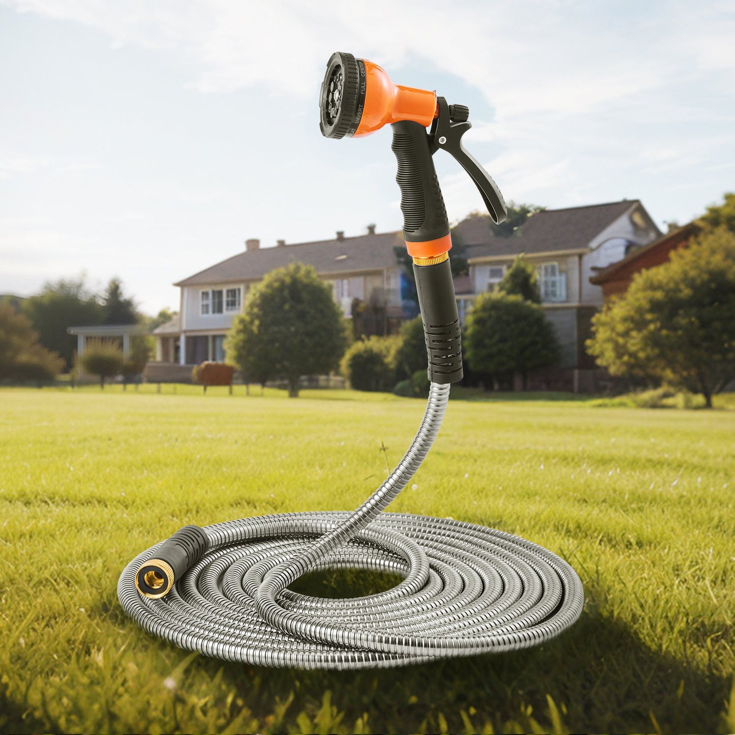 Metal Garden Hose 150 ft 201 Stainless Steel Rust-Proof No-Kink Flexible Water Hose 10-Function Nozzle
