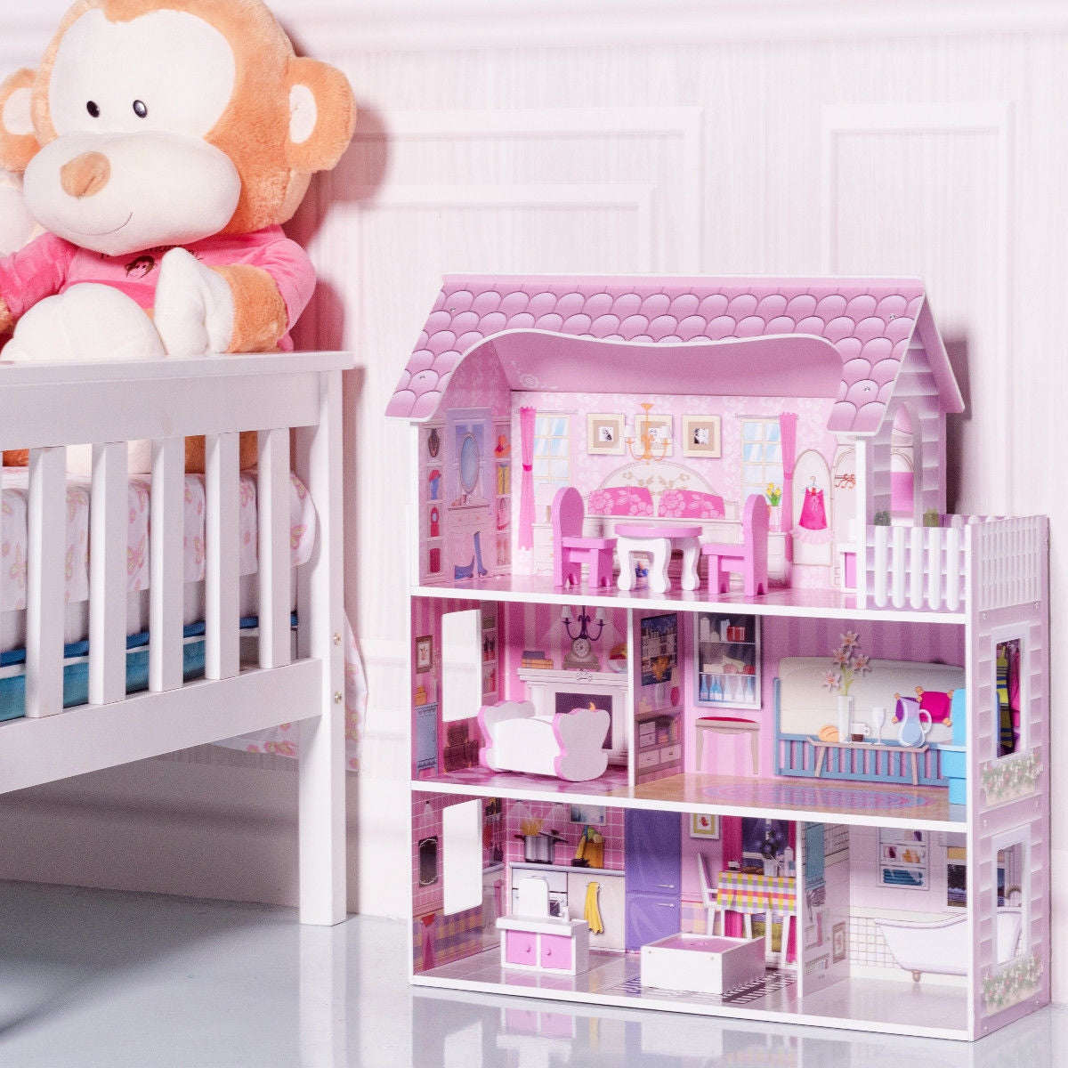 28 in. Pink Dollhouse with 8 Furniture Accessories + MDF Non-Toxic + 3 Level + 5 Room + Balcony + Age 3-12 + 4 in. Dolls