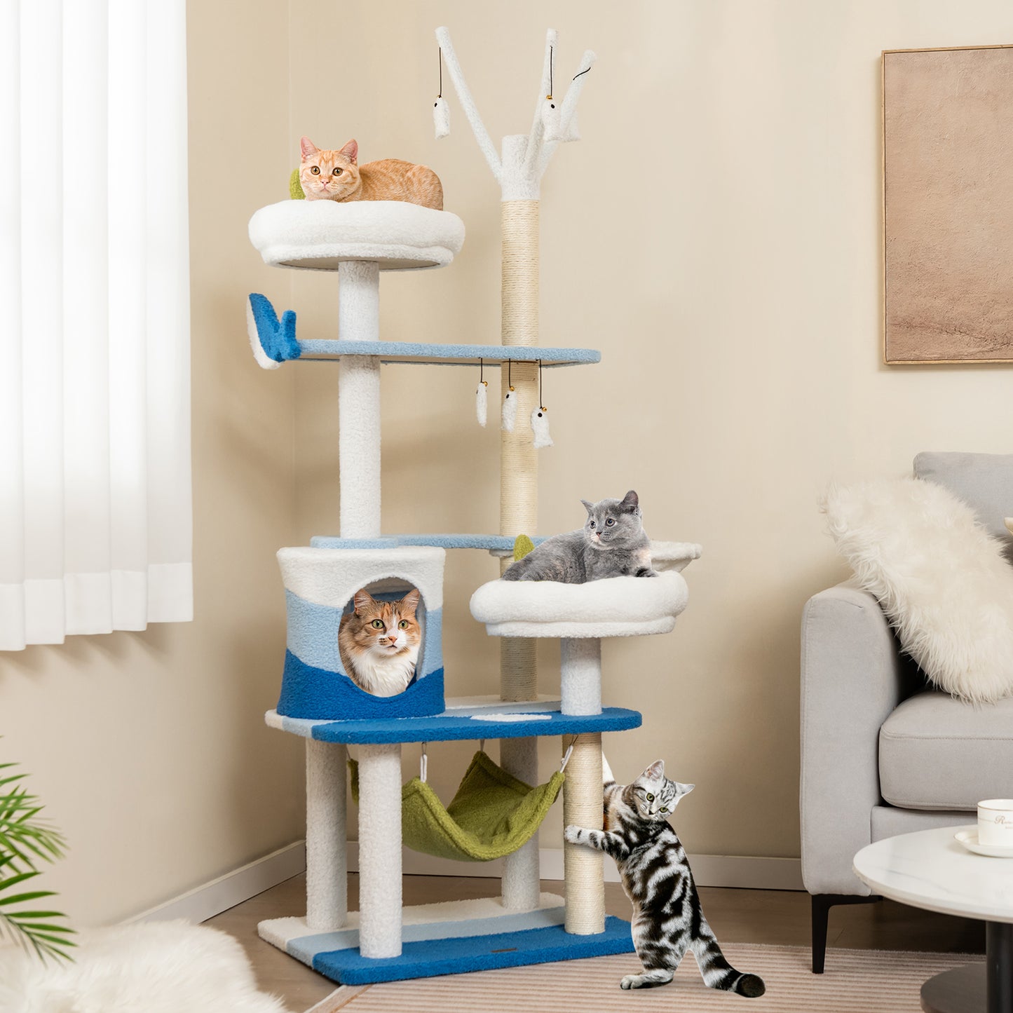 Multi-Level Cat Tower with Ocean-Themed Decor, Sisal Scratching Posts and Basket Bed