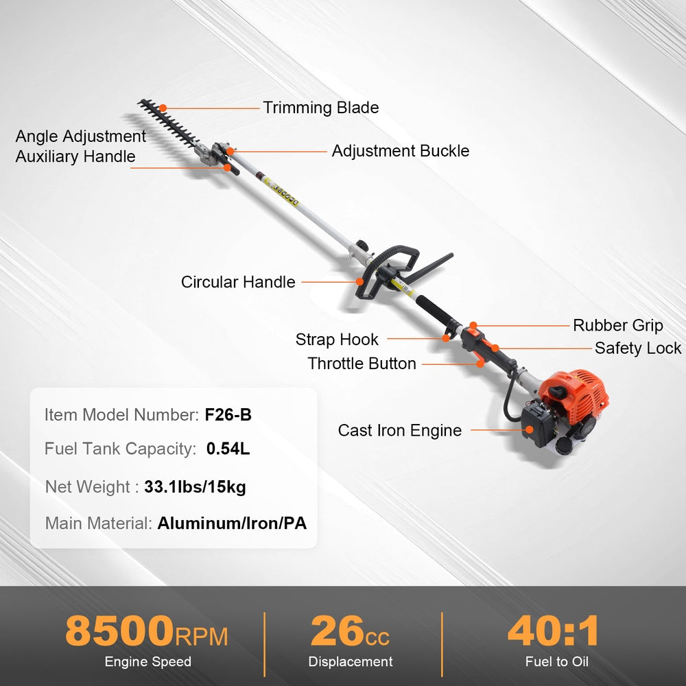 26cc 5-in-1 Gas Multi-Trimmer Hedge Trimmer Weed Eater String Trimmer Edger Pole Saw Chainsaw 6500 RPM with Extension