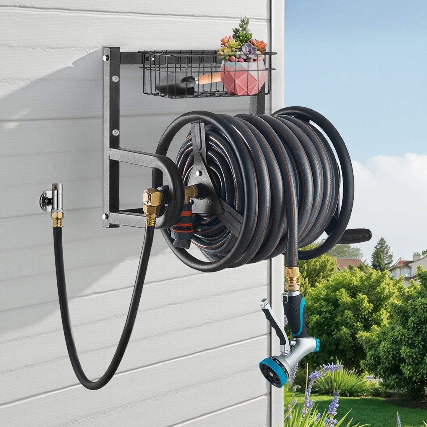 Wall Mounted Garden Hose Reel 125 ft 5/8 in Heavy-Duty Steel Water Hose Winder Brass Fitting Storage Basket