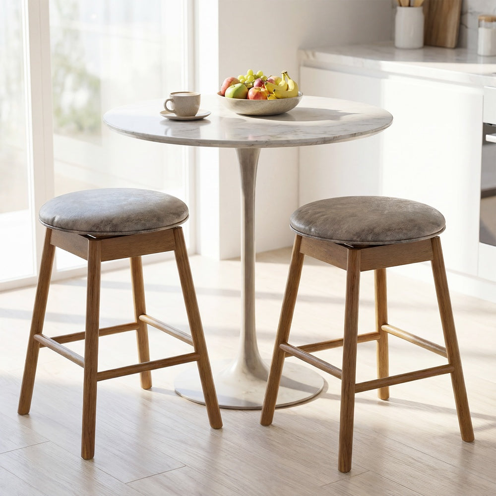 Set of 2 25 in. Swivel Counter Bar Stools Solid Rubber Wood Legs Footrest PU Leather Backless 35-39 in.
