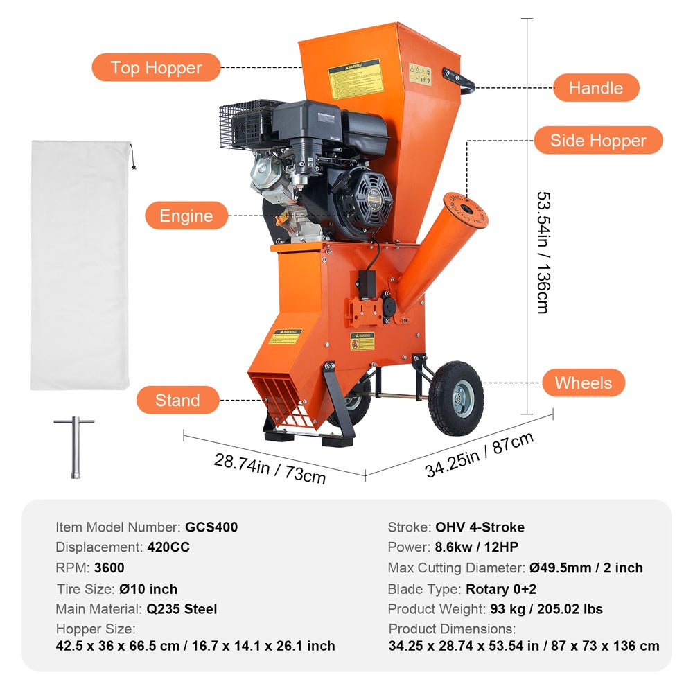 Wood Chipper Shredder Mulcher 12 HP 420cc 2 in. Max Diameter 3600 RPM Gas-Powered with 10 in. Wheels CE EMC EPA Listed