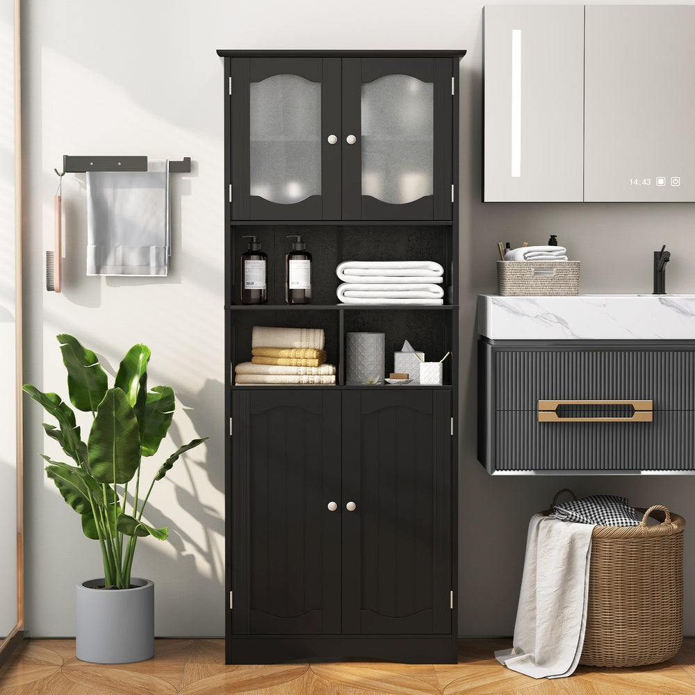 Freestanding Linen Cabinet 58.5 in. with 2 Tempered Frost Glass Doors 3 Open Compartments 23.5 x 12 in.