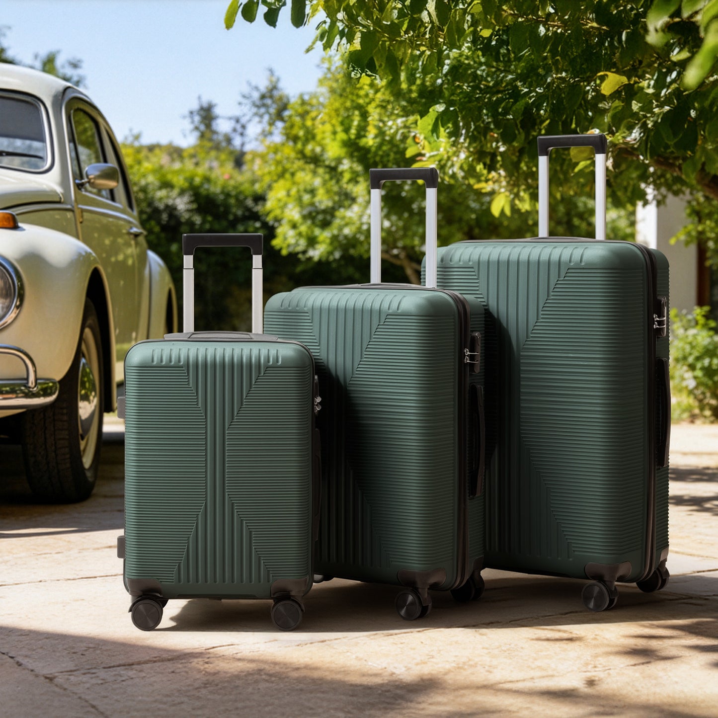3 Piece PP Luggage Set 20 24 28 inch Hardside Spinner Suitcases, Dark Green