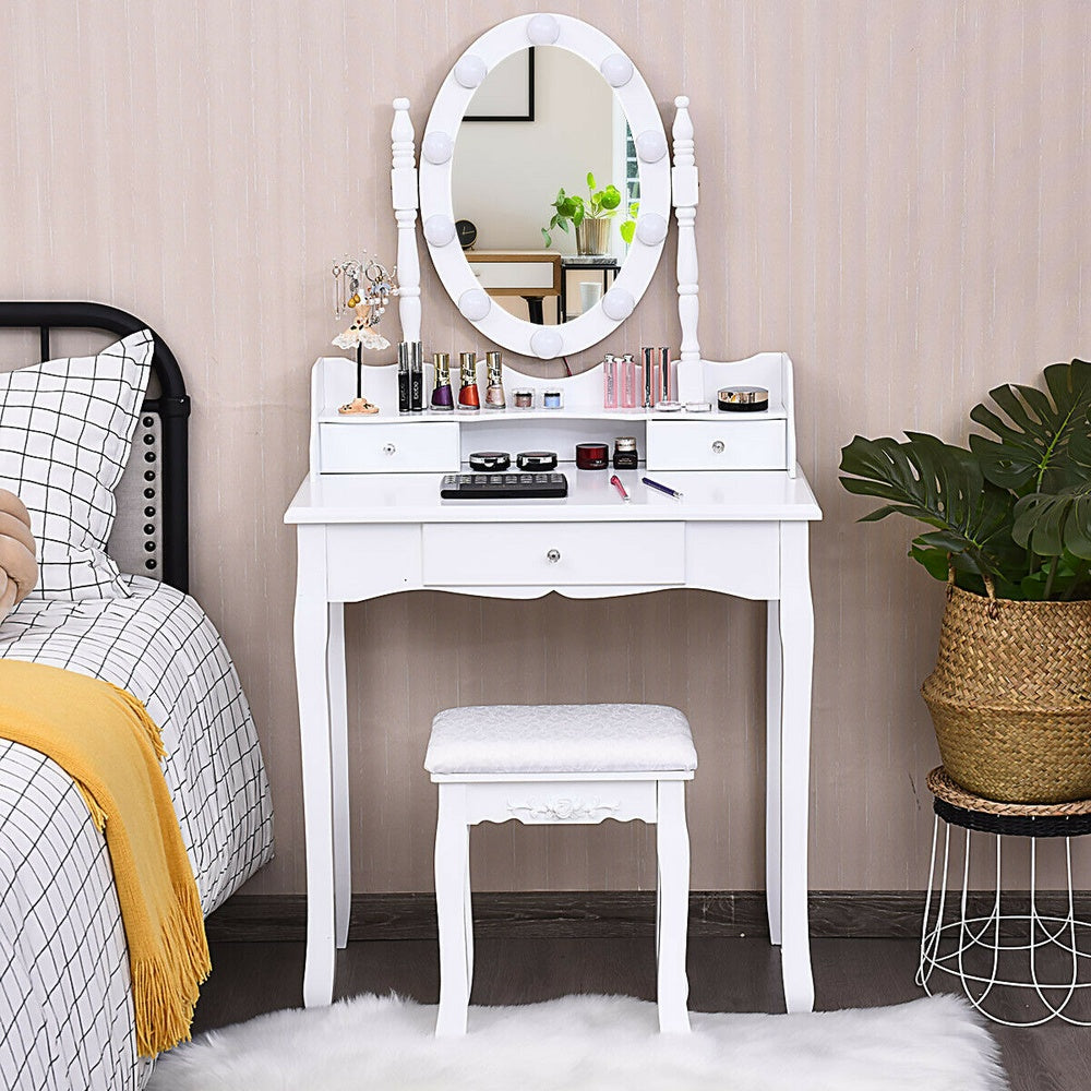 Oval Mirror Vanity Set 10 LED Dimmable Bulbs 360 Rotating 3 Drawers Solid Wood Legs Stool Crystal Handle UL