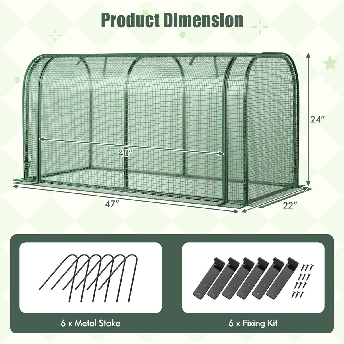 Mini Tunnel Greenhouse with Roll-Up Zipper Door PE Grid Cover Rustproof Metal Frame U-Shaped Stakes