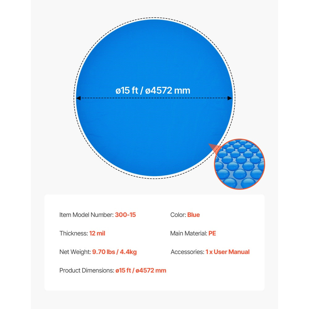 Solar Pool Cover 15 ft Round 12 Mil PE Bubble Blanket Heat Retention Daytime Absorption for Small Above-Ground Pool Blue