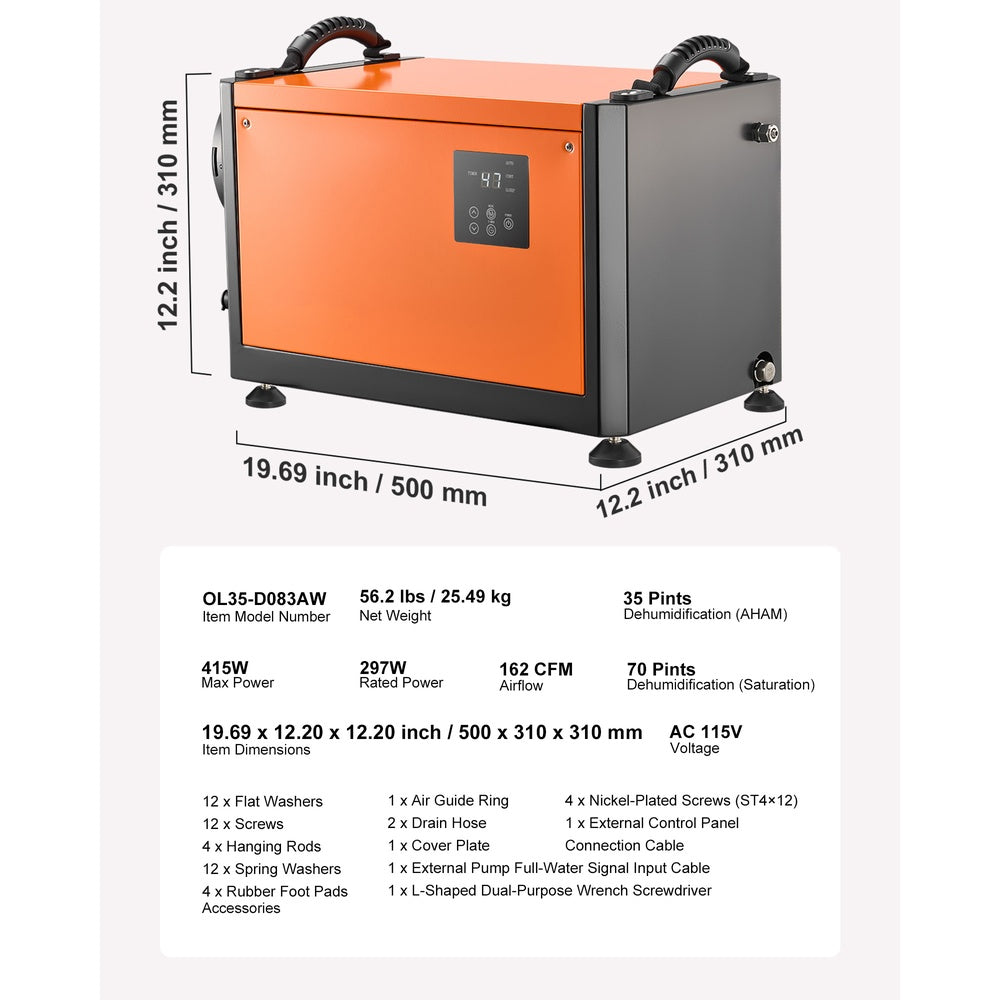 70 Pints Commercial Dehumidifier with Drain Pump, for Crawl Space Basement Garage up to 4,500 Sq Ft, 24h Timer